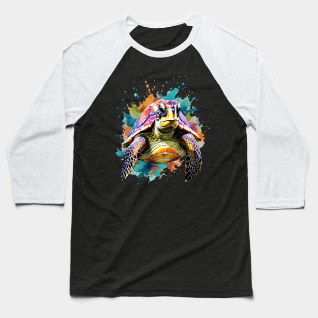 Sea Turtle Surrounded by Splashes of Watercolor Baseball T-Shirt by BirdsnStuff