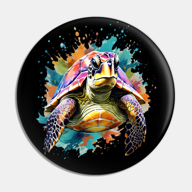 Sea Turtle Surrounded by Splashes of Watercolor Pin by BirdsnStuff