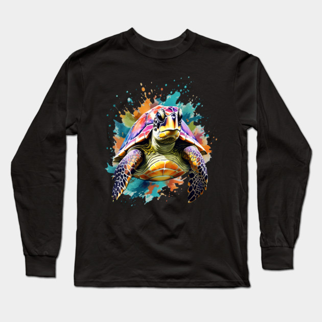 Sea Turtle Surrounded by Splashes of Watercolor Long Sleeve T-Shirt by BirdsnStuff