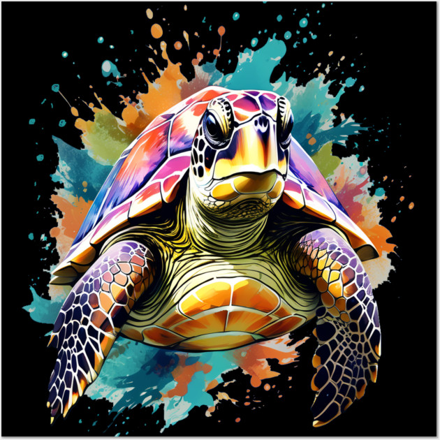 Sea Turtle Surrounded by Splashes of Watercolor Wall Art by BirdsnStuff