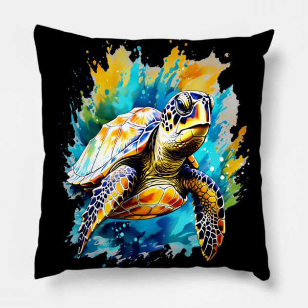 Sea Turtle Surrounded by Splashes of Watercolor Pillow by BirdsnStuff