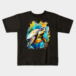Sea Turtle Surrounded by Splashes of Watercolor Kids T-Shirt