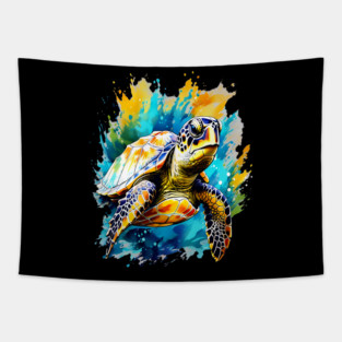 Sea Turtle Surrounded by Splashes of Watercolor Tapestry