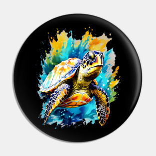 Sea Turtle Surrounded by Splashes of Watercolor Pin