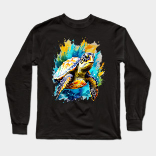 Sea Turtle Surrounded by Splashes of Watercolor Long Sleeve T-Shirt