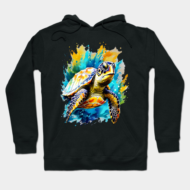 Sea Turtle Surrounded by Splashes of Watercolor Hoodie by BirdsnStuff