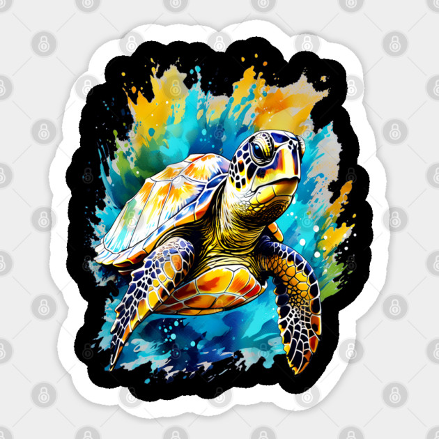 Sea Turtle Surrounded by Splashes of Watercolor Sticker by BirdsnStuff