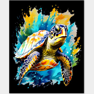 Sea Turtle Surrounded by Splashes of Watercolor Posters and Art
