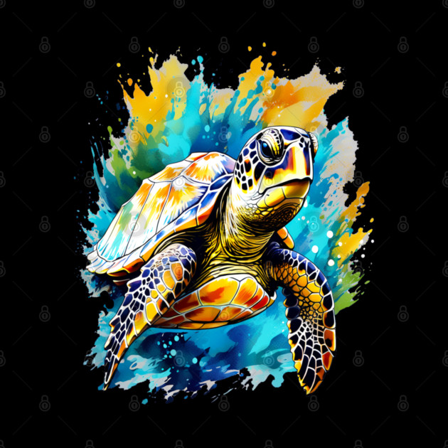 Sea Turtle Surrounded by Splashes of Watercolor by BirdsnStuff