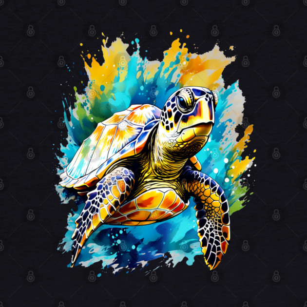 Sea Turtle Surrounded by Splashes of Watercolor by BirdsnStuff