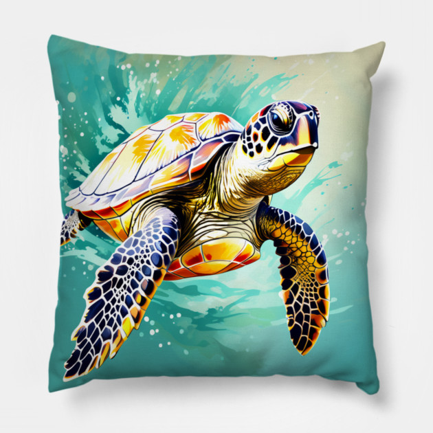 Sea Turtle Surrounded by Splashes of Watercolor Pillow by BirdsnStuff