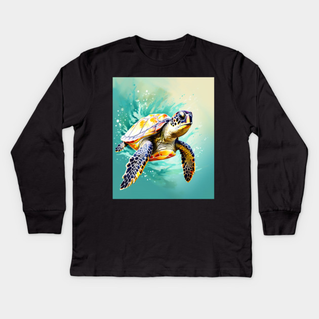 Sea Turtle Surrounded by Splashes of Watercolor Kids Long Sleeve T-Shirt by BirdsnStuff