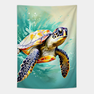 Sea Turtle Surrounded by Splashes of Watercolor Tapestry