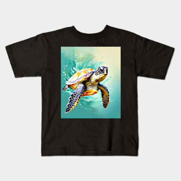Sea Turtle Surrounded by Splashes of Watercolor Kids T-Shirt by BirdsnStuff