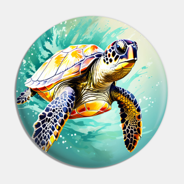 Sea Turtle Surrounded by Splashes of Watercolor Pin by BirdsnStuff