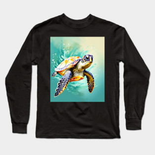 Sea Turtle Surrounded by Splashes of Watercolor Long Sleeve T-Shirt