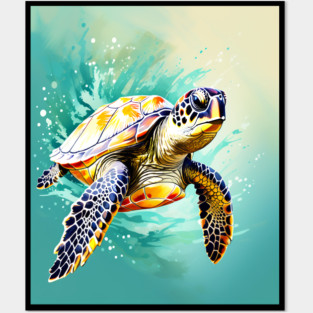 Sea Turtle Surrounded by Splashes of Watercolor Posters and Art