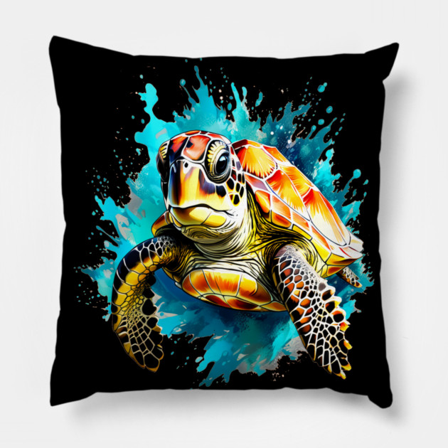 Sea Turtle Surrounded by Splashes of Watercolor Pillow by BirdsnStuff