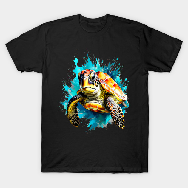 Sea Turtle Surrounded by Splashes of Watercolor T-Shirt by BirdsnStuff