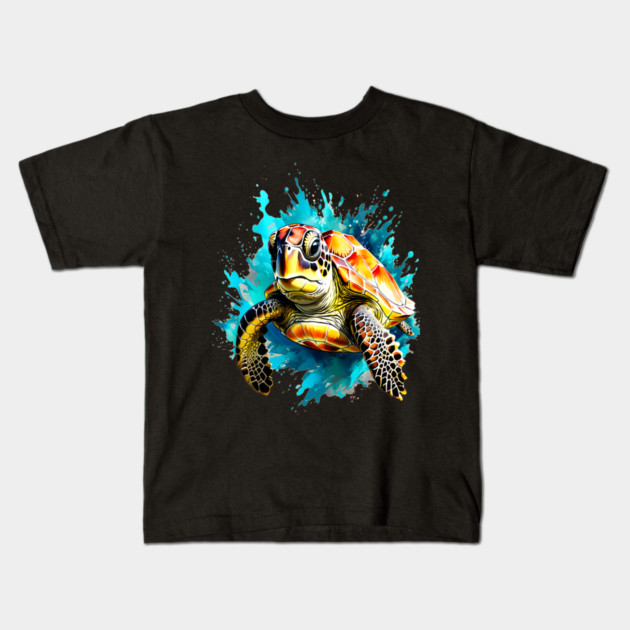 Sea Turtle Surrounded by Splashes of Watercolor Kids T-Shirt by BirdsnStuff