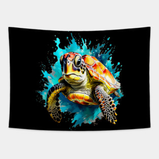 Sea Turtle Surrounded by Splashes of Watercolor Tapestry