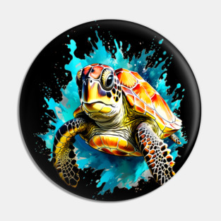 Sea Turtle Surrounded by Splashes of Watercolor Pin