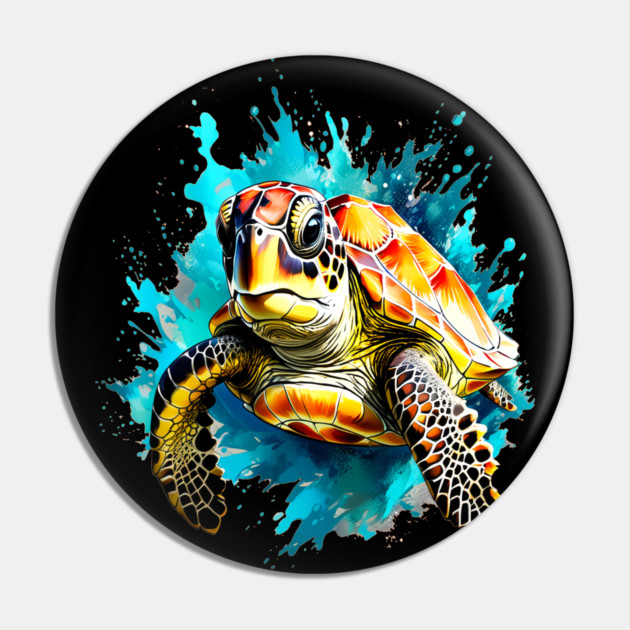 Sea Turtle Surrounded by Splashes of Watercolor Pin by BirdsnStuff