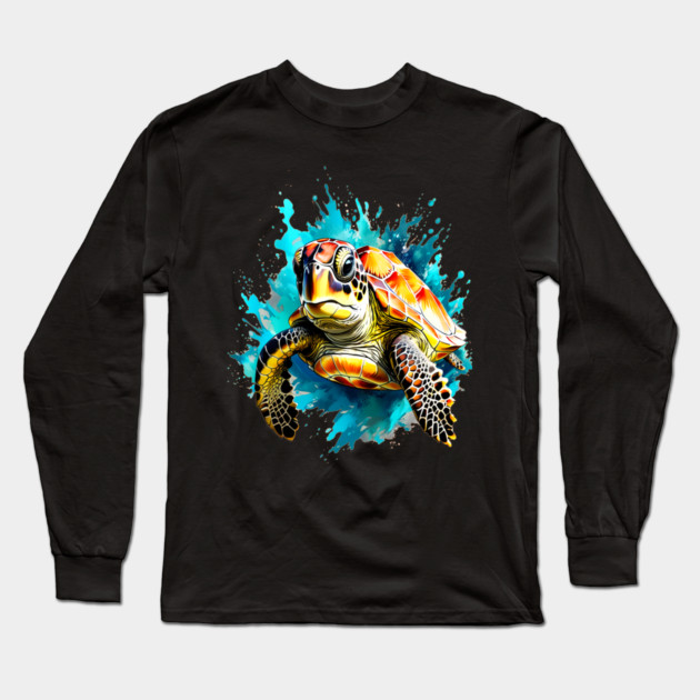 Sea Turtle Surrounded by Splashes of Watercolor Long Sleeve T-Shirt by BirdsnStuff