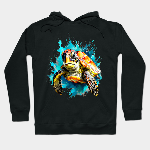 Sea Turtle Surrounded by Splashes of Watercolor Hoodie by BirdsnStuff