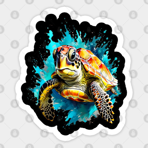 Sea Turtle Surrounded by Splashes of Watercolor Sticker by BirdsnStuff