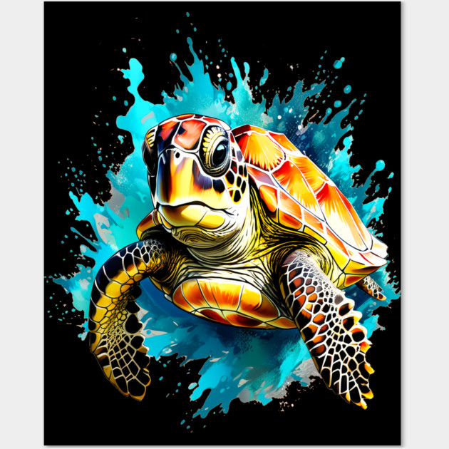 Sea Turtle Surrounded by Splashes of Watercolor Wall Art by BirdsnStuff