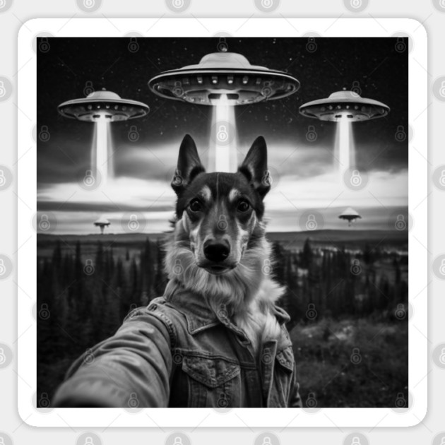 Selfie of Funny Dog And Aliens UFO Sticker by Megadorim