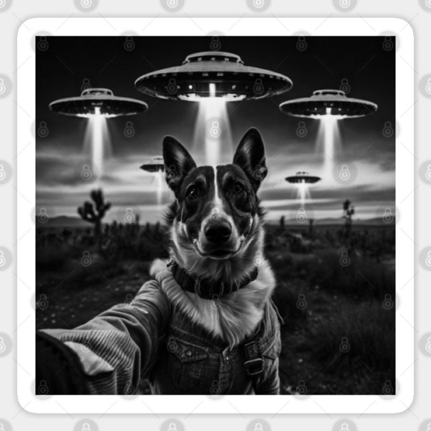 Selfie of Funny Dog And Aliens UFO - 2 Sticker by Megadorim