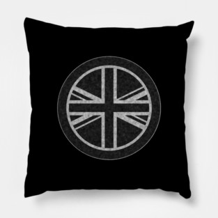 Round UK Union Jack flag black distressed White outline mod Pillow