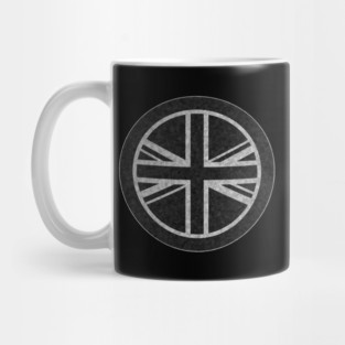 Round UK Union Jack flag black distressed White outline mod Mug