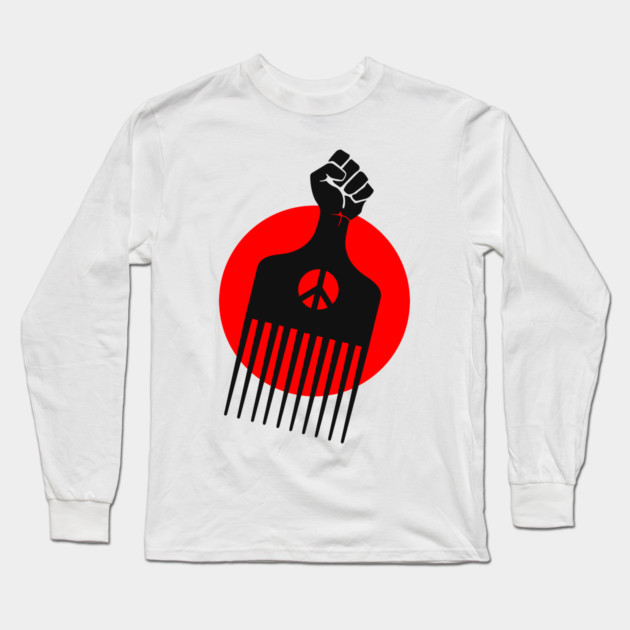 Black Fist Afro Pick, Red sun Long Sleeve T-Shirt by UrbanLifeApparel