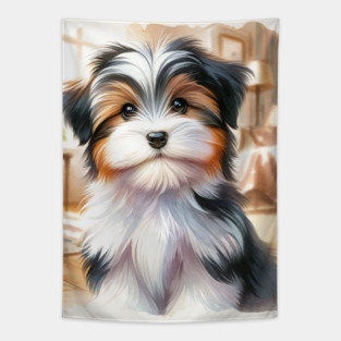 Watercolor Biewer Terrier Puppies - Cute Puppy Tapestry