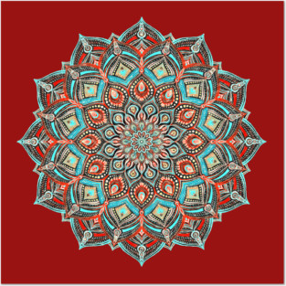 Teal, Red and Black Boho Painted Mandala Posters and Art