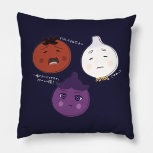 Frieren, Fern and Stark as vegetables (white text) Pillow