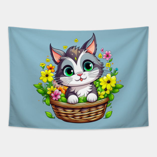 Spring Easter Cute Cat in Flowers Tapestry by HolidayBug