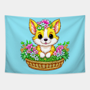 Spring Easter Cute Dog in Flowers Tapestry
