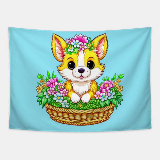 Spring Easter Cute Dog in Flowers Tapestry by HolidayBug
