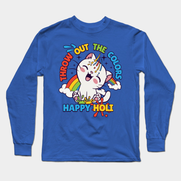 Happy Holi Cat Long Sleeve T-Shirt by HolidayBug
