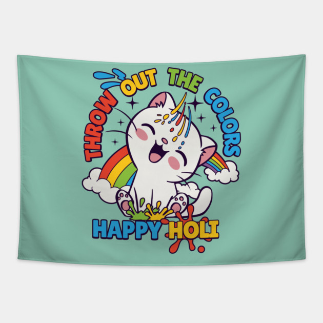 Happy Holi Cat Tapestry by HolidayBug