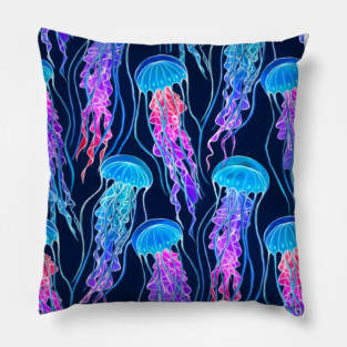 Luminescent Rainbow Jellyfish on Navy Blue Pillow