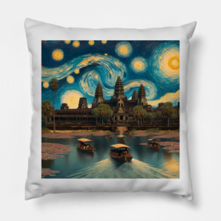 Angkor Wat, Cambodia, in the style of Vincent van Gogh's Starry Night Pillow