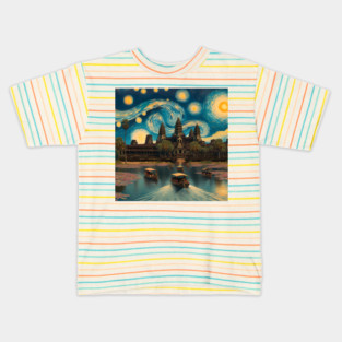 Angkor Wat, Cambodia, in the style of Vincent van Gogh's Starry Night Kids T-Shirt
