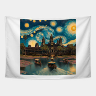 Angkor Wat, Cambodia, in the style of Vincent van Gogh's Starry Night Tapestry