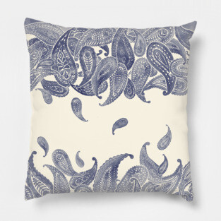 Monochrome Paisley Rain in Blue and Cream Pillow
