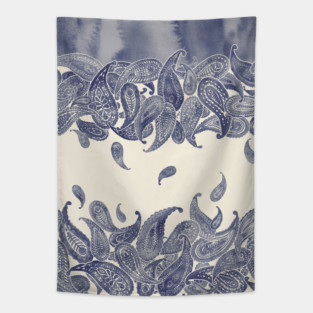 Monochrome Paisley Rain in Blue and Cream Tapestry